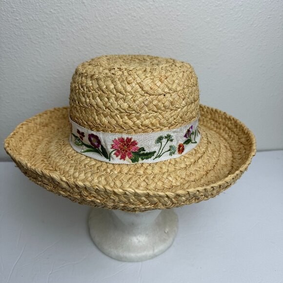 Liz Claiborne Woven Straw Raffia Sun Garden Beach Hat Natural Size 23\